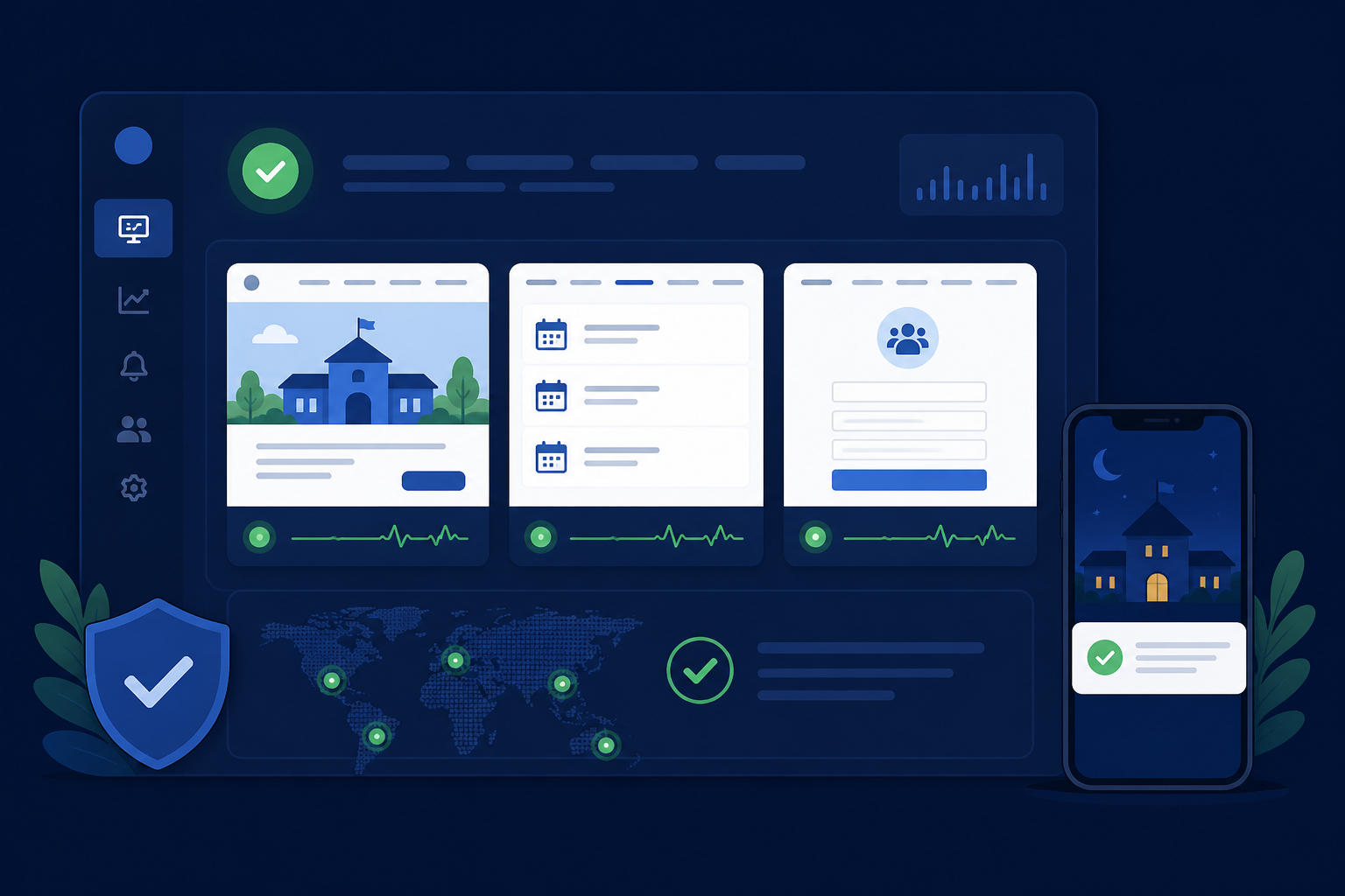 Illustration of a community club website dashboard with green uptime status and an upcoming event page being monitored.
