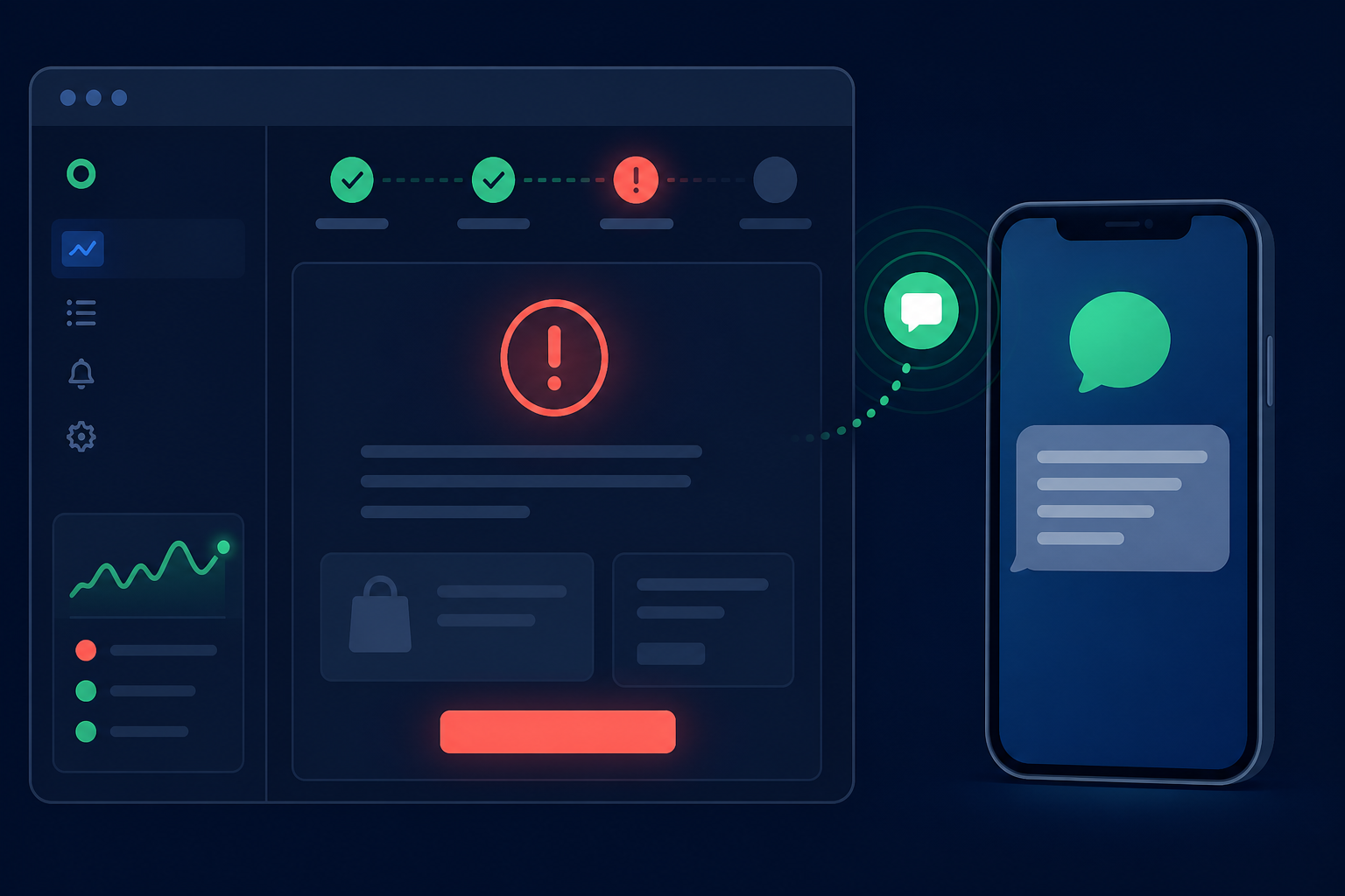 Illustration of an ecommerce order page with a red warning state and a phone showing an SMS alert.