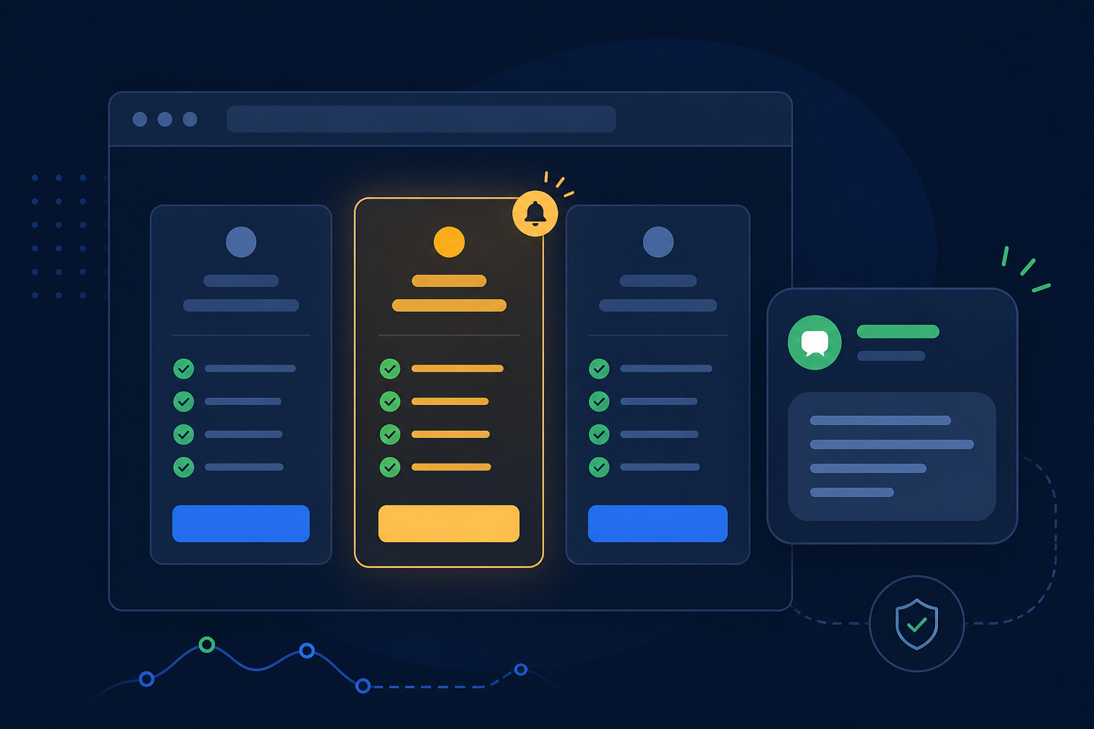 Illustration of a pricing page with one plan card highlighted and an alert badge showing a change was detected.